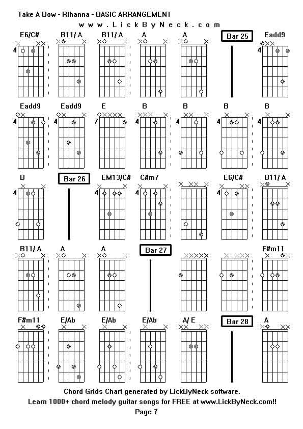 Chord Grids Chart of chord melody fingerstyle guitar song-Take A Bow - Rihanna - BASIC ARRANGEMENT,generated by LickByNeck software.